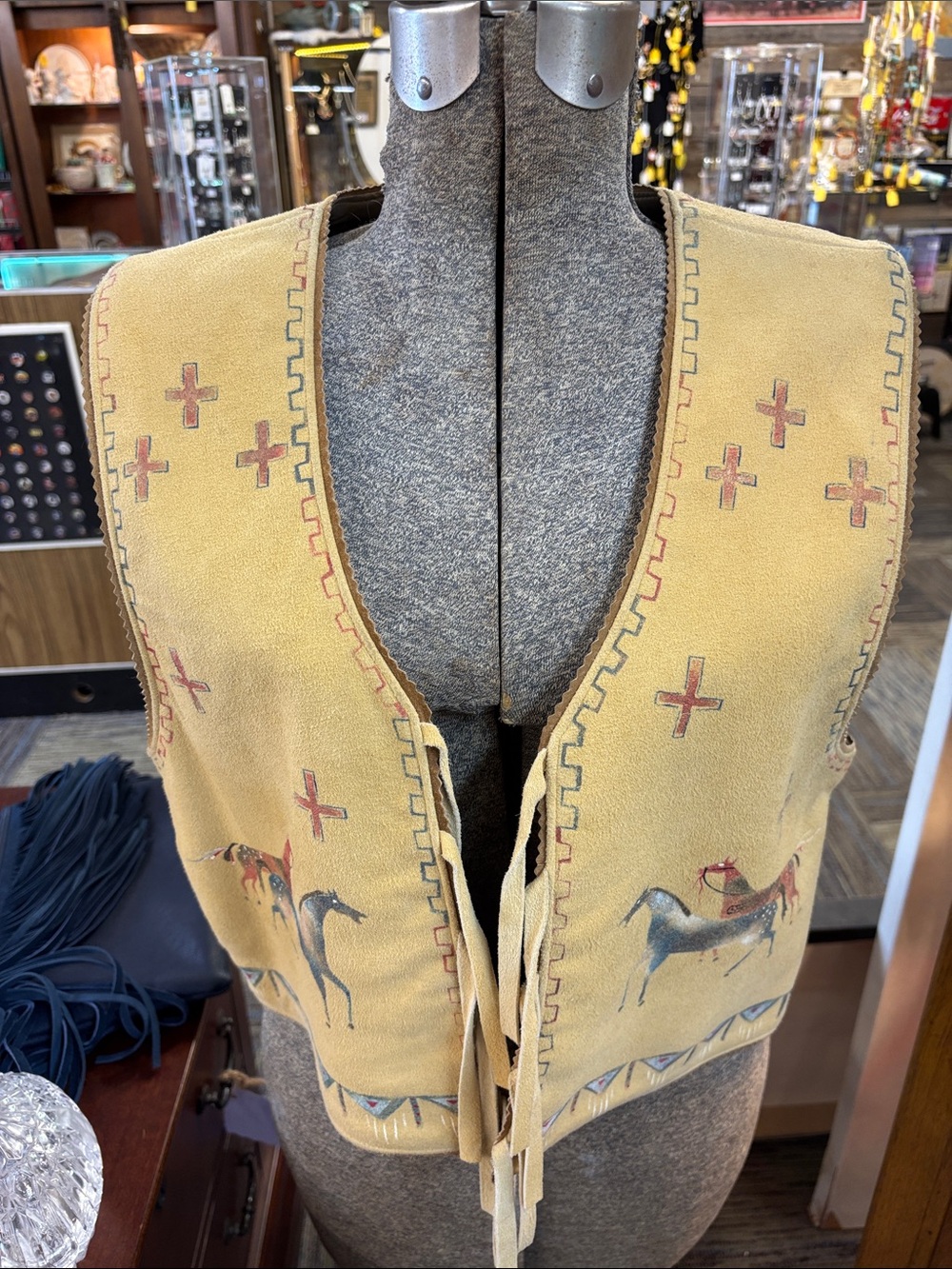 Patricia Wolf Suede Western Vest with Horse Motif and Cross Accents